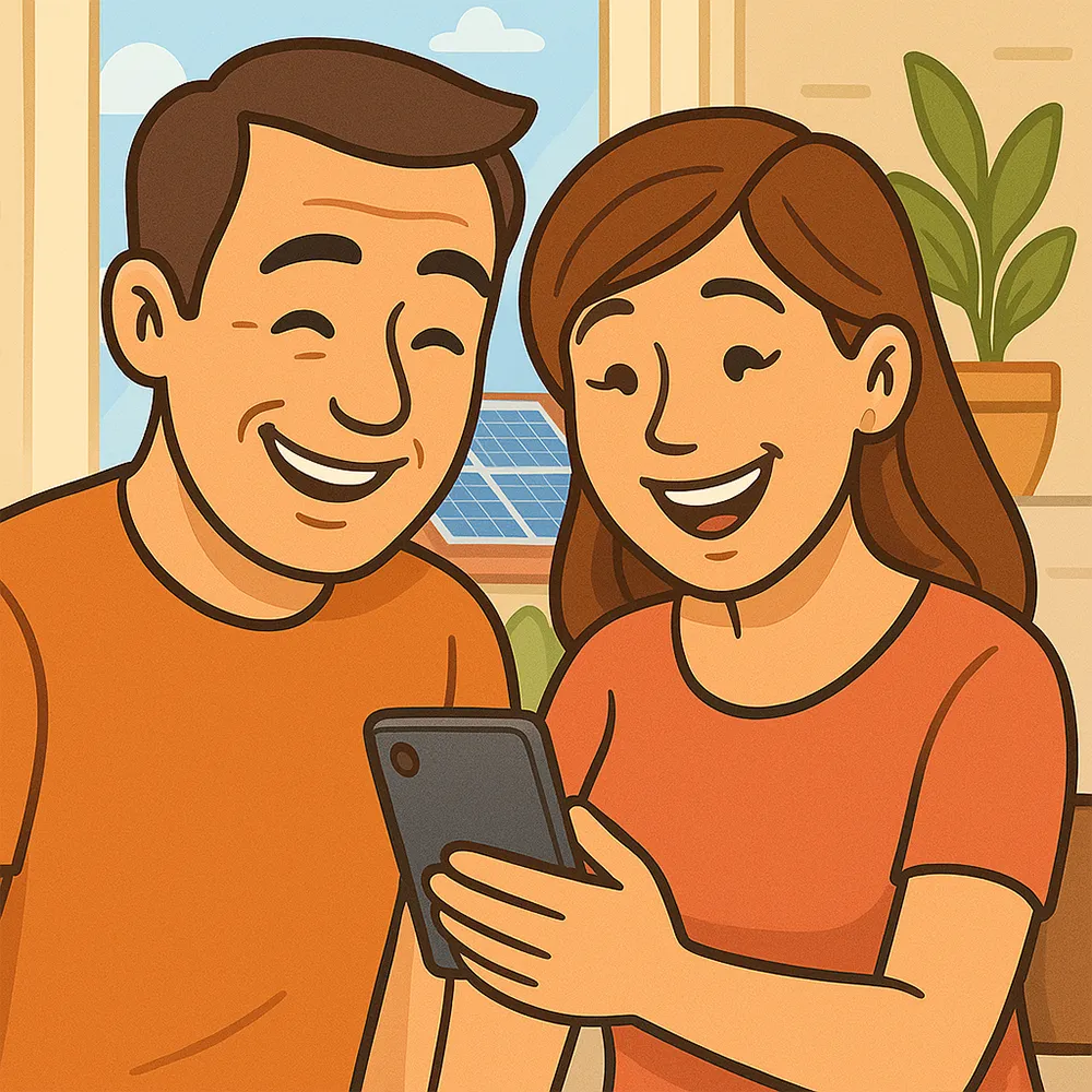 A couple happily looking at their low energy bill on a smartphone app